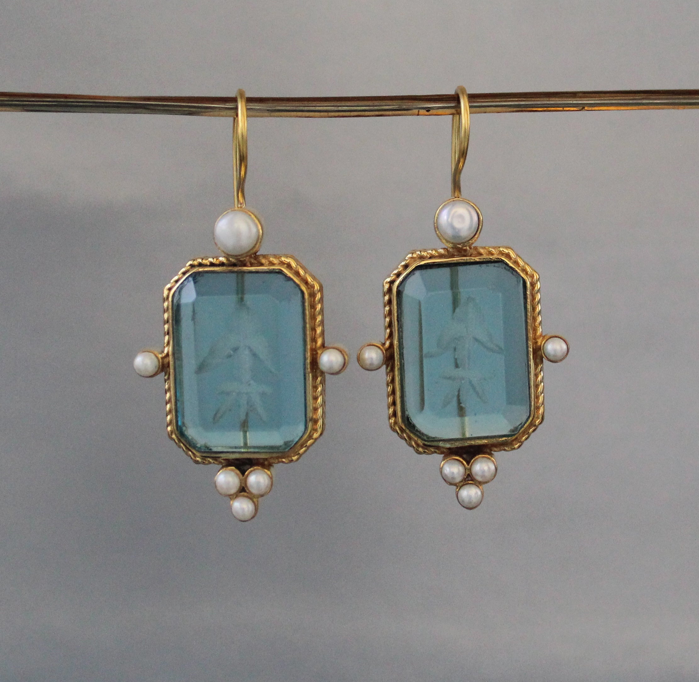 Blue Intaglio Vintage Earrings, Antique Jewelry