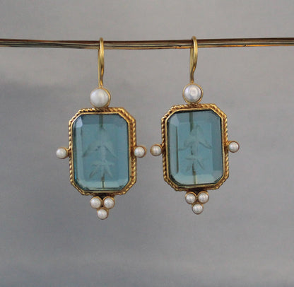 Blue Intaglio Vintage Earrings, Antique Jewelry