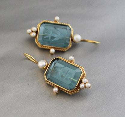 Blue Intaglio Vintage Earrings, Antique Jewelry