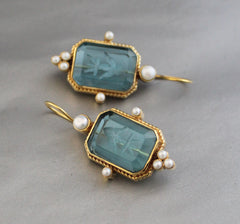 Blue Intaglio Vintage Earrings, Antique Jewelry