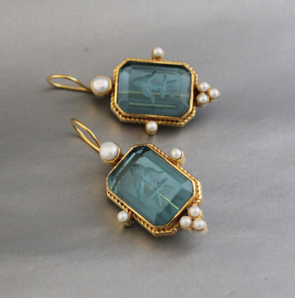 Blue Intaglio Vintage Earrings, Antique Jewelry