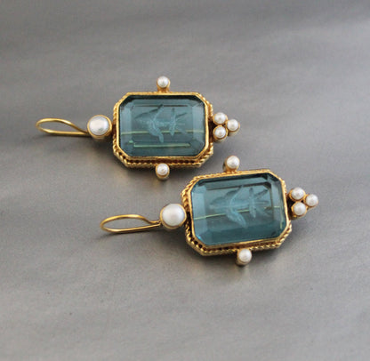 Blue Intaglio Vintage Earrings, Antique Jewelry