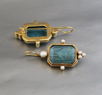 Blue Intaglio Vintage Earrings, Antique Jewelry