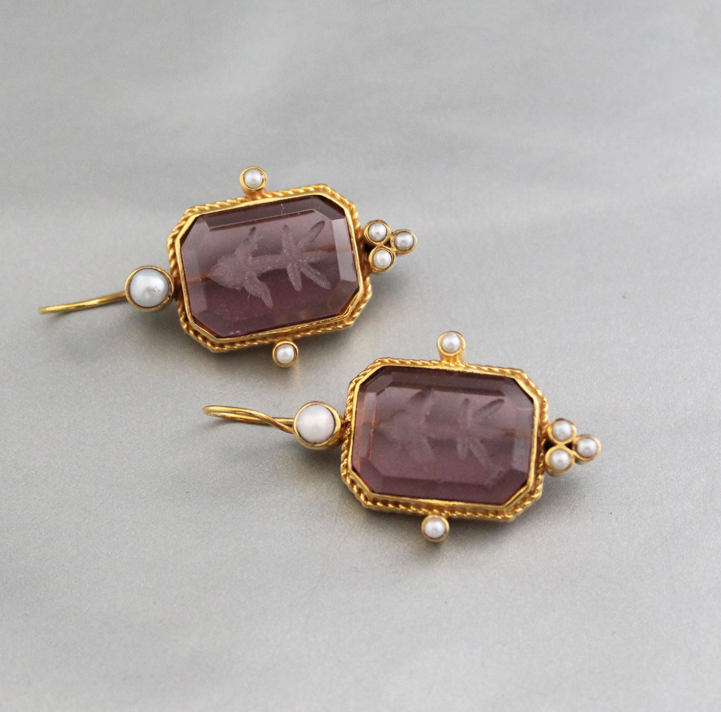 Purple Stone Intaglio Victorian Earrings