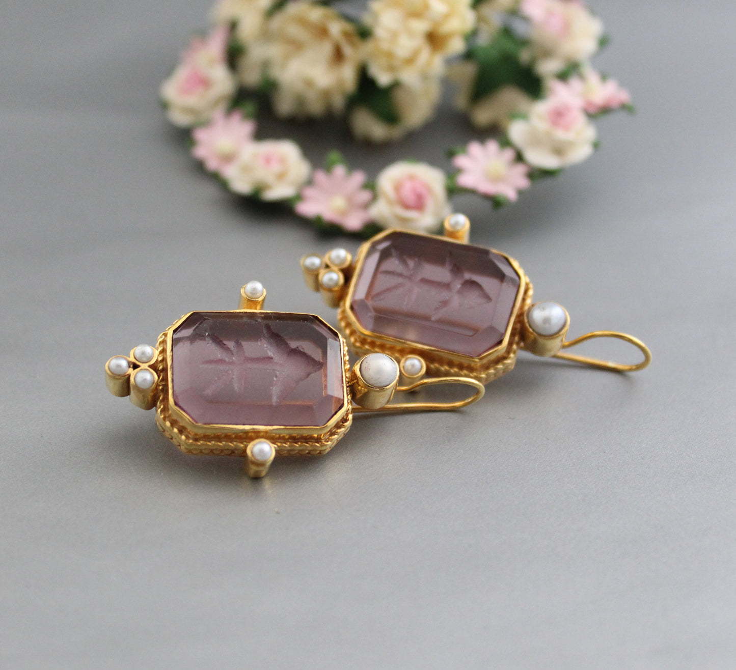 Purple Stone Intaglio Victorian Earrings