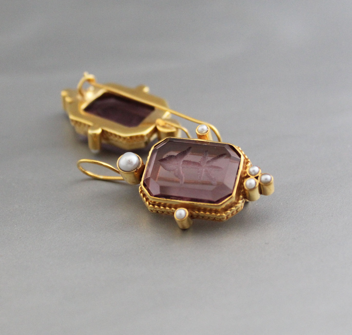 Purple Stone Intaglio Victorian Earrings