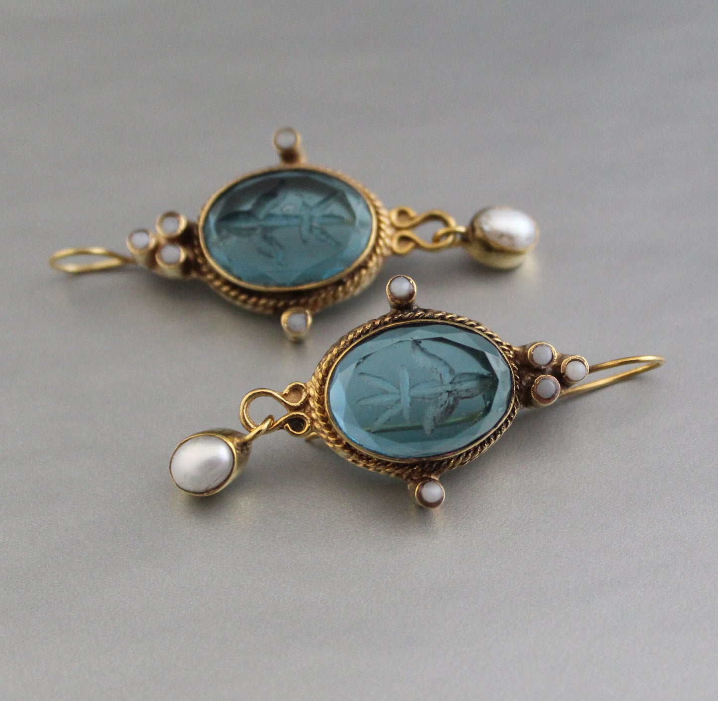 Blue Intaglio Earrings, Victorian Jewelry