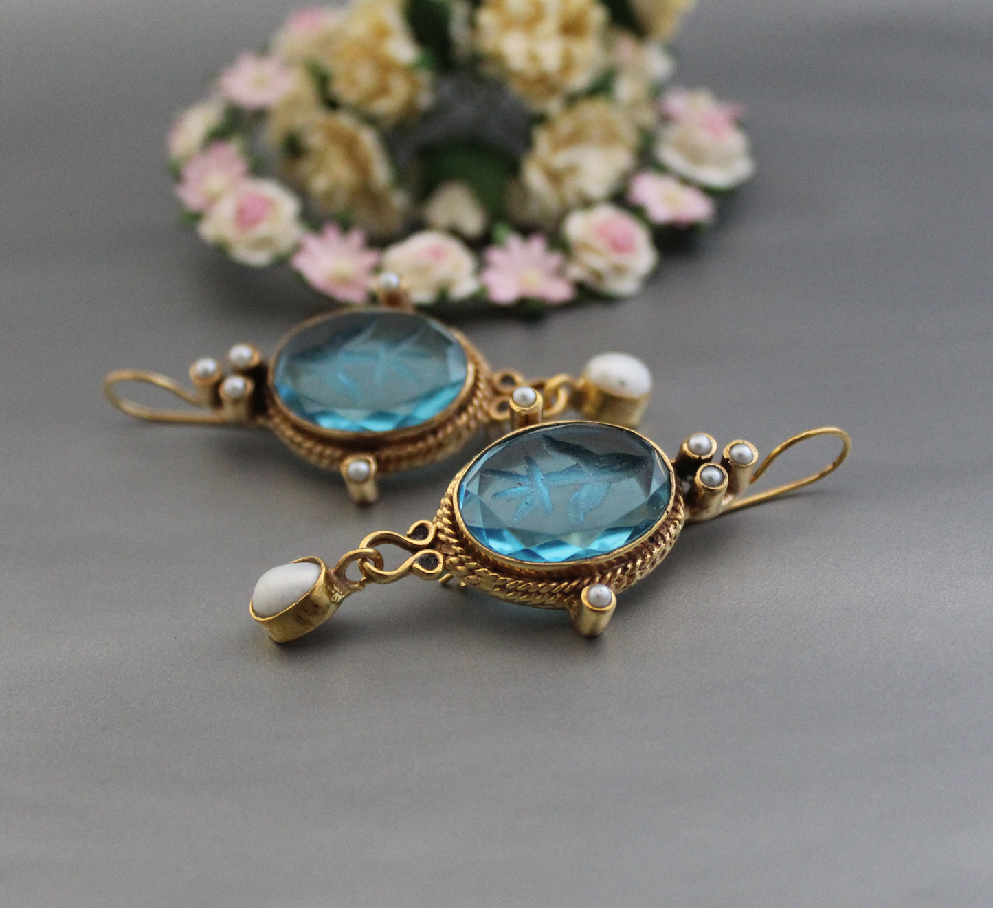 Blue Intaglio Earrings, Victorian Jewelry