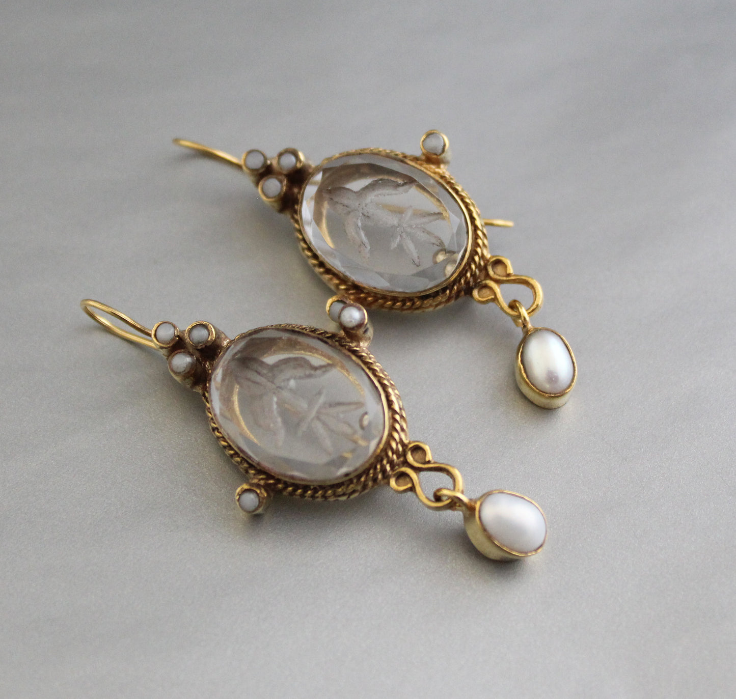 Clear Crystal Intaglio Earrings, Vintage Victorian Jewelry