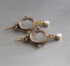 Clear Crystal Intaglio Earrings, Vintage Victorian Jewelry