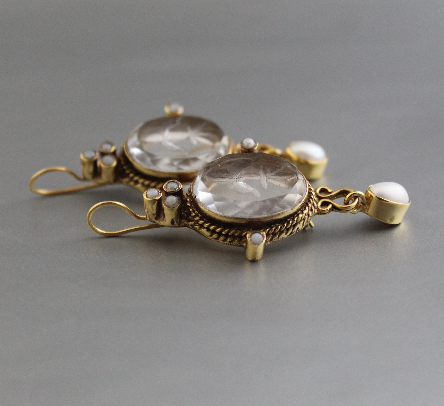 Clear Crystal Intaglio Earrings, Vintage Victorian Jewelry