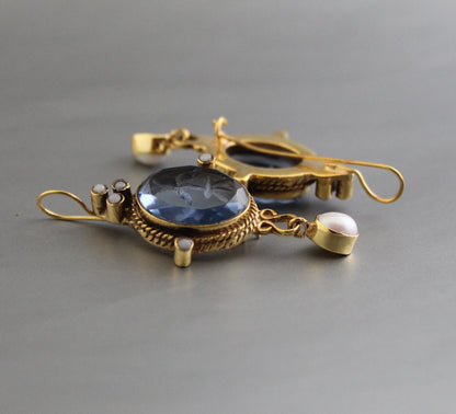 Blue Crystal Intaglio Earrings, Vintage Jewelry