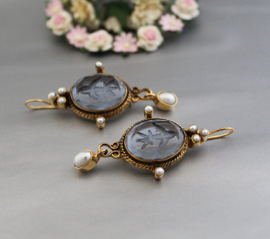 Blue Crystal Intaglio Earrings, Vintage Jewelry