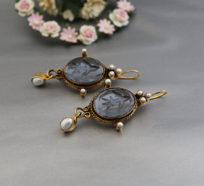 Blue Crystal Intaglio Earrings, Vintage Jewelry