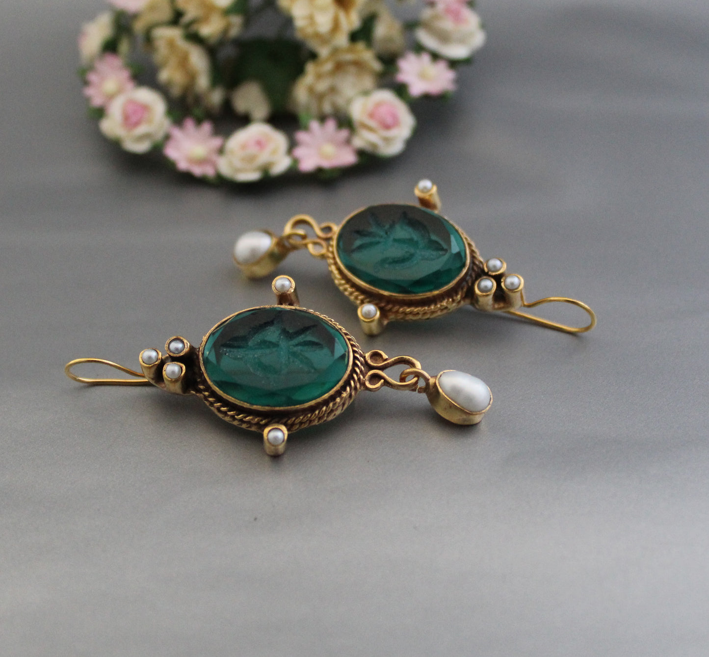 Emerald Intaglio Earrings, Vintage Jewelry