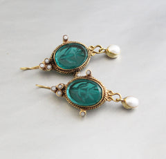 Emerald Intaglio Earrings, Vintage Jewelry