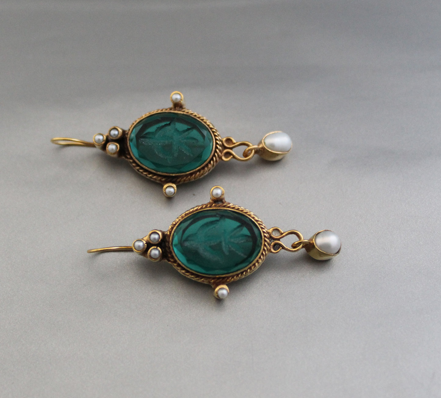 Emerald Intaglio Earrings, Vintage Jewelry