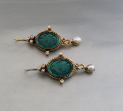 Emerald Intaglio Earrings, Vintage Jewelry