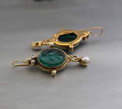 Emerald Intaglio Earrings, Vintage Jewelry