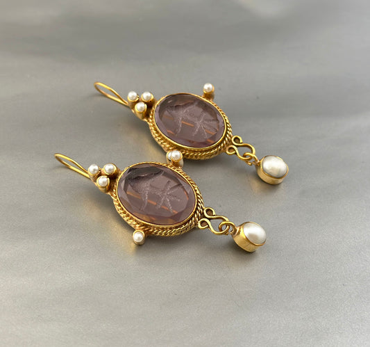 Purple Intaglio Vintage Earrings, Victorian Jewelry