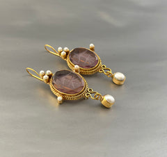Purple Intaglio Vintage Earrings, Victorian Jewelry