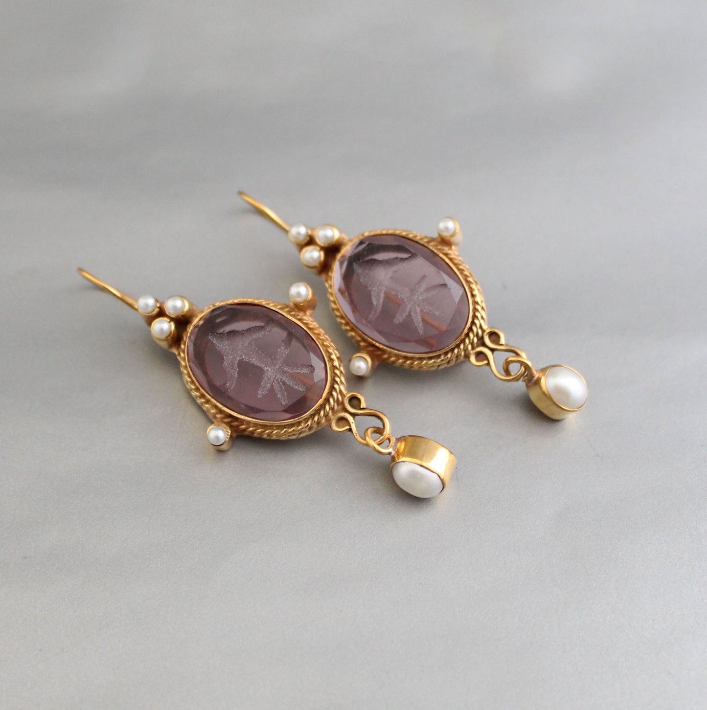 Purple Intaglio Vintage Earrings, Victorian Jewelry