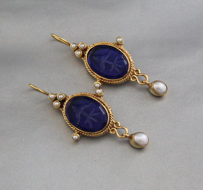 Indigo Blue Intaglio Vintage Earrings, Victorian Jewelry