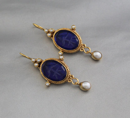 Indigo Blue Intaglio Vintage Earrings, Victorian Jewelry