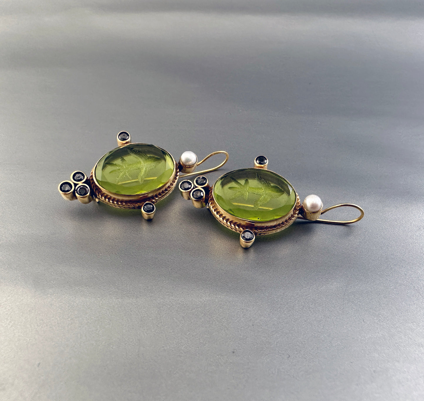 Green Intaglio Earrings, Antique Vintage Earrings