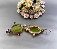Green Intaglio Earrings, Antique Vintage Earrings
