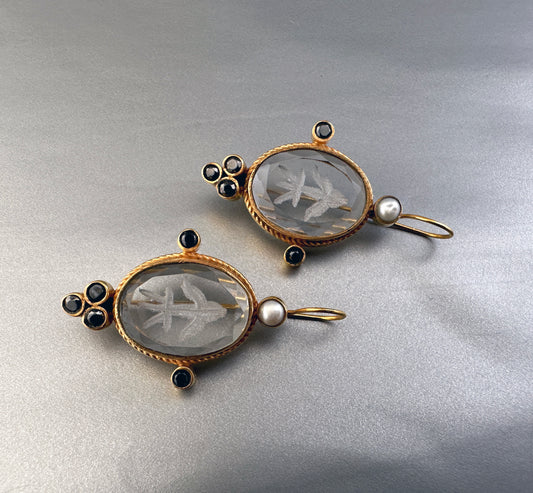 Clear Crystal Intaglio Earrings, Dainty Gold Earrings