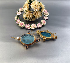 Blue Intaglio Earrings, Antique Vintage Earrings