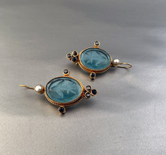 Blue Intaglio Earrings, Antique Vintage Earrings