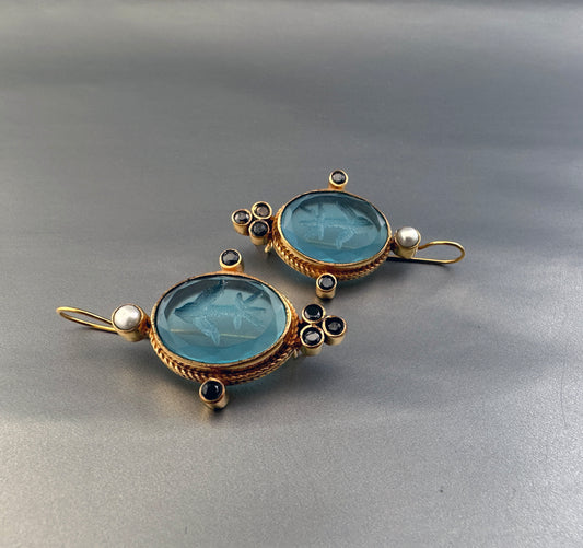 Blue Intaglio Earrings, Antique Vintage Earrings