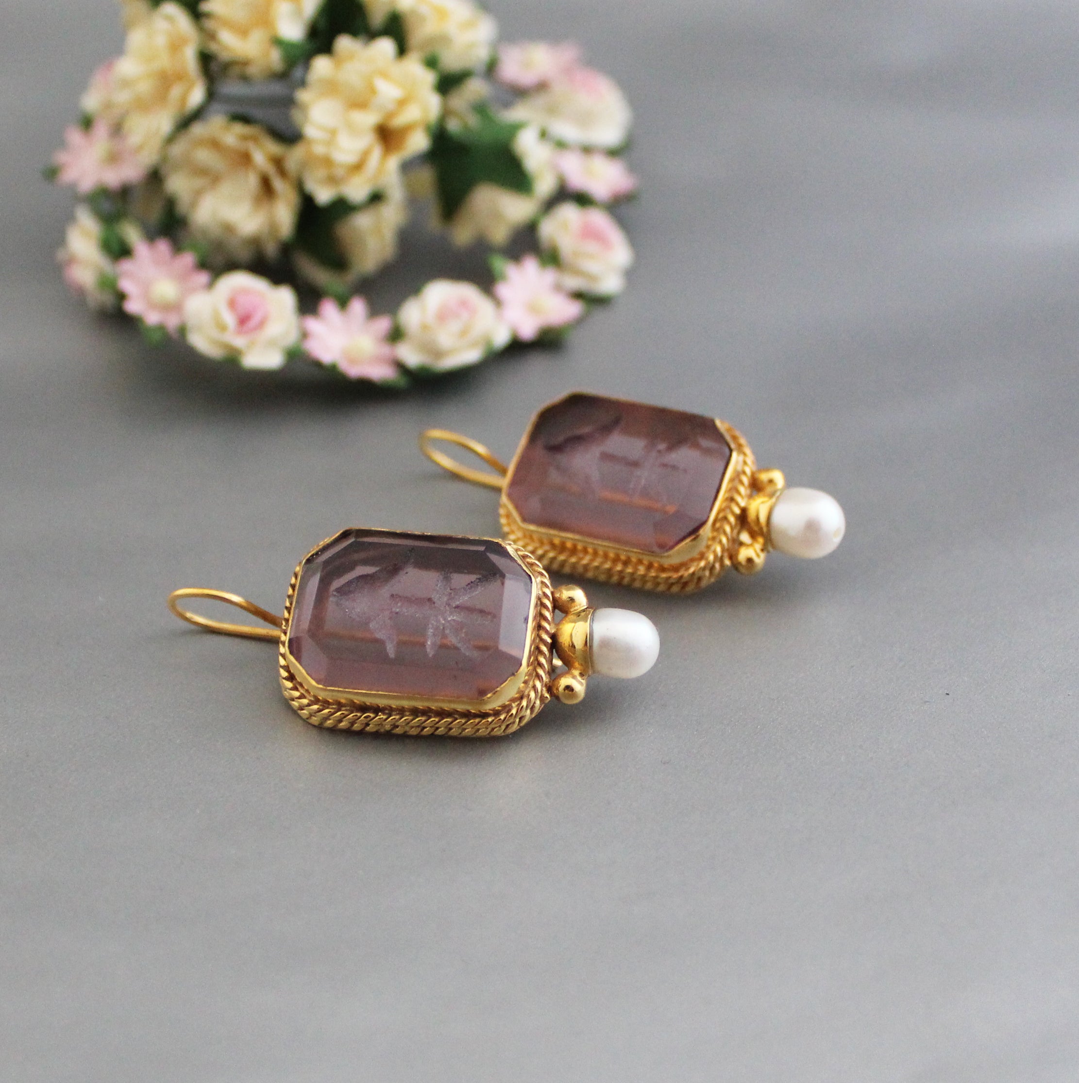 Purple Intaglio Earrings, Antique Vintage Earrings