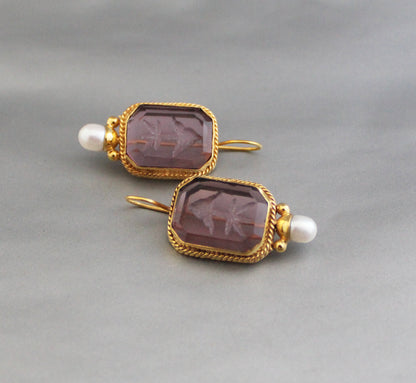 Purple Intaglio Earrings, Antique Vintage Earrings