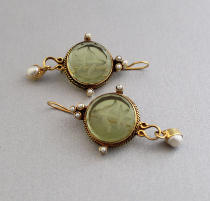 Olive Intaglio Crystal  Earrings