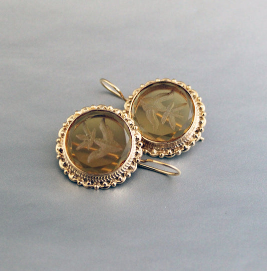 Yellow Quartz Intaglio Earrings, Vintage Art Deco Earrings