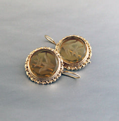 Yellow Quartz Intaglio Earrings, Vintage Art Deco Earrings