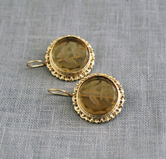 Yellow Quartz Intaglio Earrings, Vintage Art Deco Earrings