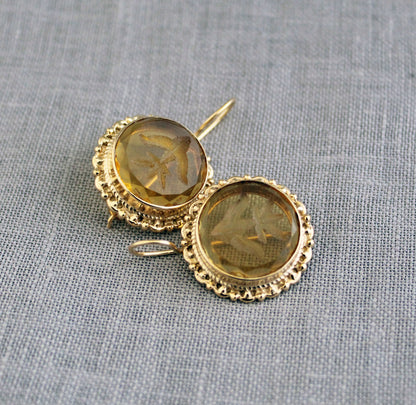 Yellow Quartz Intaglio Earrings, Vintage Art Deco Earrings