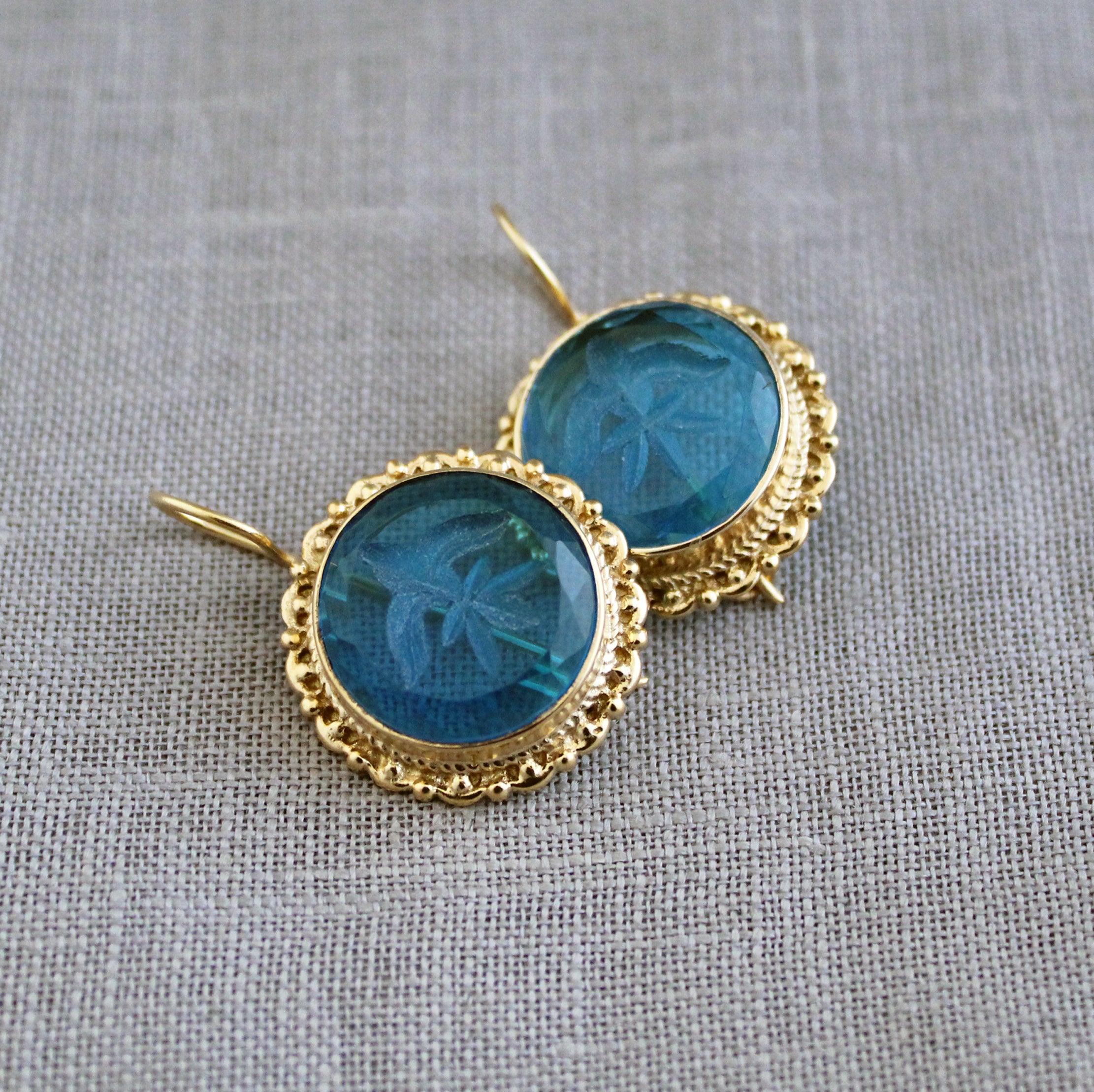 Topaz Blue Quartz Intaglio Earrings, Vintage Art Deco Earrings