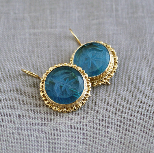 Topaz Blue Quartz Intaglio Earrings, Vintage Art Deco Earrings