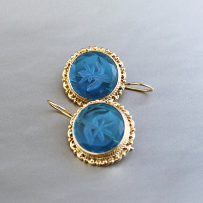 Topaz Blue Quartz Intaglio Earrings, Vintage Art Deco Earrings