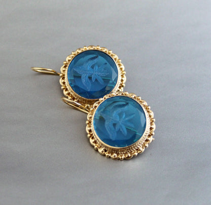 Topaz Blue Quartz Intaglio Earrings, Vintage Art Deco Earrings