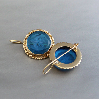 Topaz Blue Quartz Intaglio Earrings, Vintage Art Deco Earrings