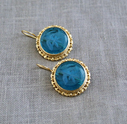 Topaz Blue Quartz Intaglio Earrings, Vintage Art Deco Earrings