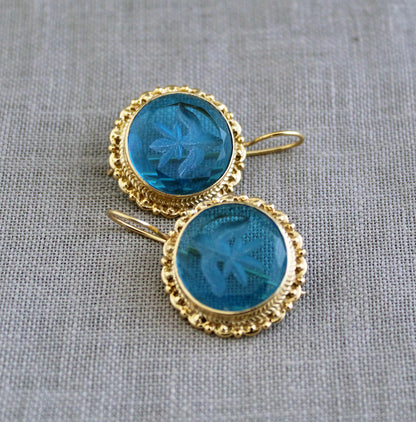 Topaz Blue Quartz Intaglio Earrings, Vintage Art Deco Earrings