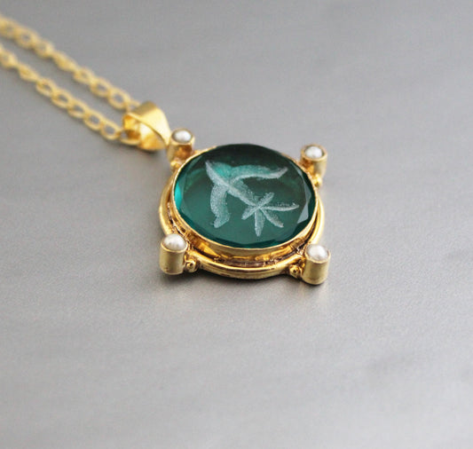 Green Intaglio Necklace, Victorian Pendant, Unique jewelry