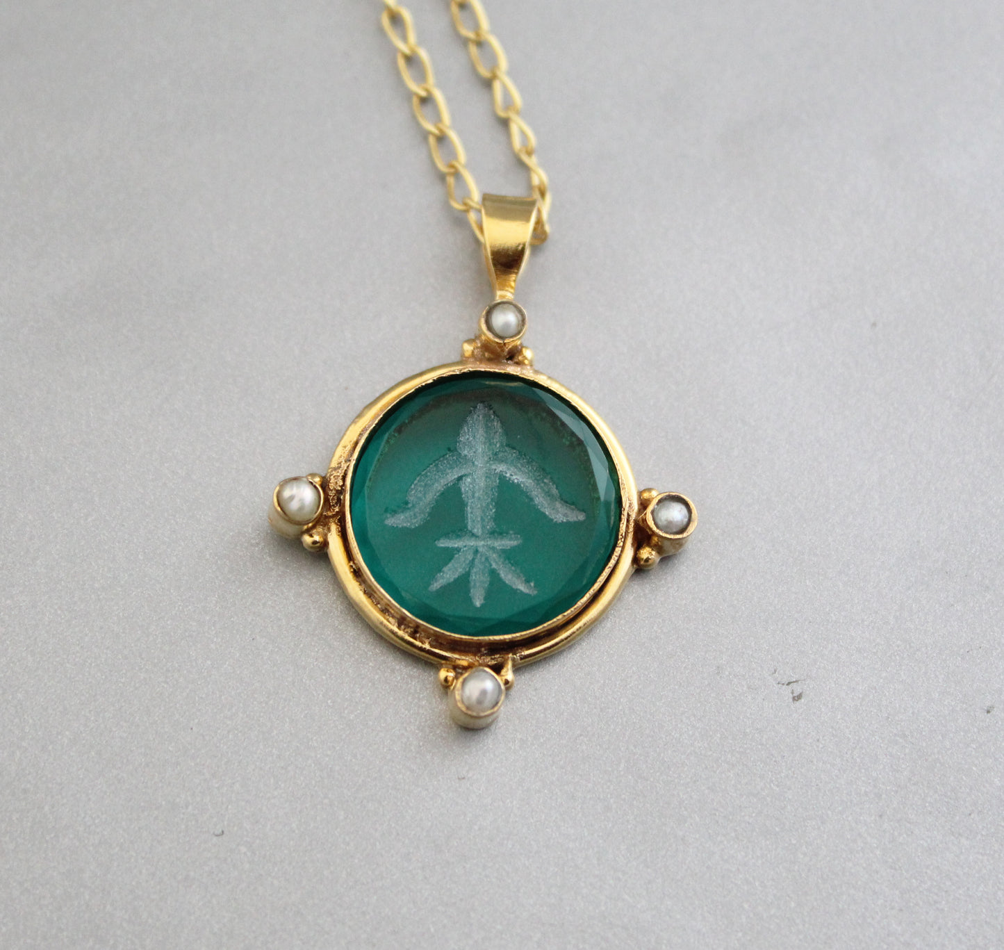 Green Intaglio Necklace, Victorian Pendant, Unique jewelry